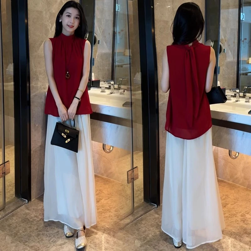 拉夏贝尔女神范套装女2025夏季新款无袖衬衫上衣阔腿裤气质两件套