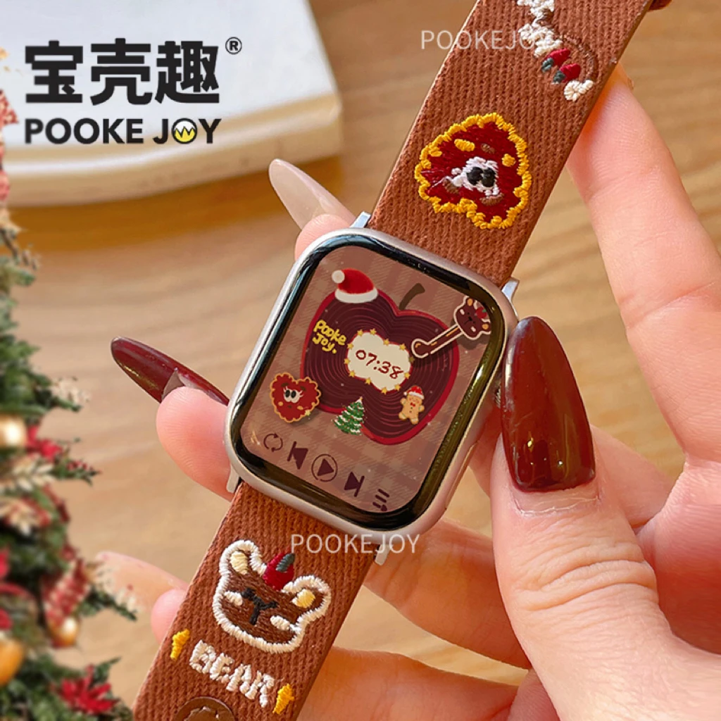 宝壳趣适用苹果applewatch11爱心小熊牛仔表带s10/s9/s8真皮表带