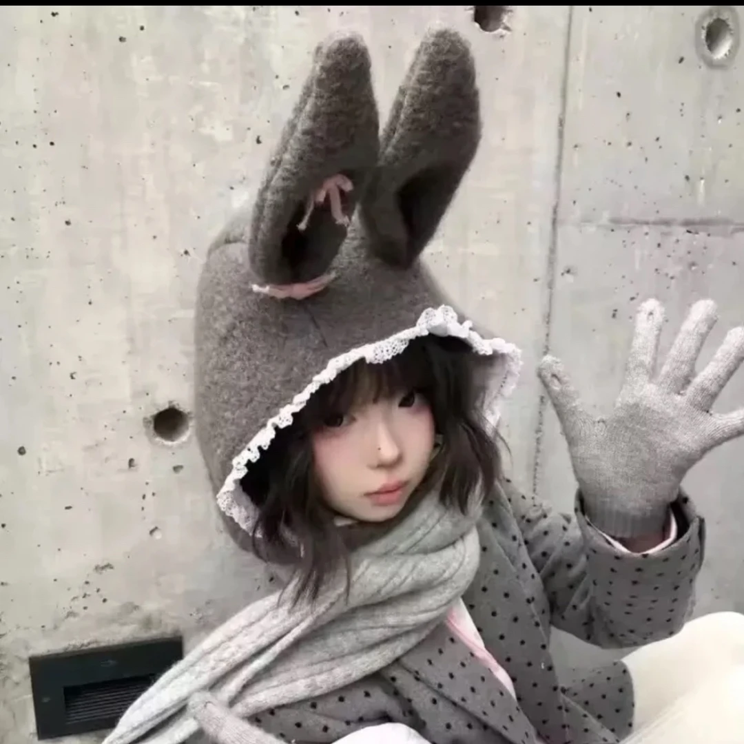 秋冬韩系灰色甜美公主兔耳帽帽子女可爱保暖显脸小F179