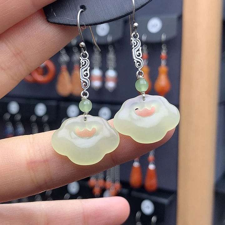 和田玉耳饰银S925镶嵌