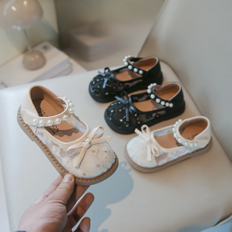 女童网纱公主鞋2025春夏新款时尚蝴蝶结珍珠单鞋宝宝防滑透气皮鞋