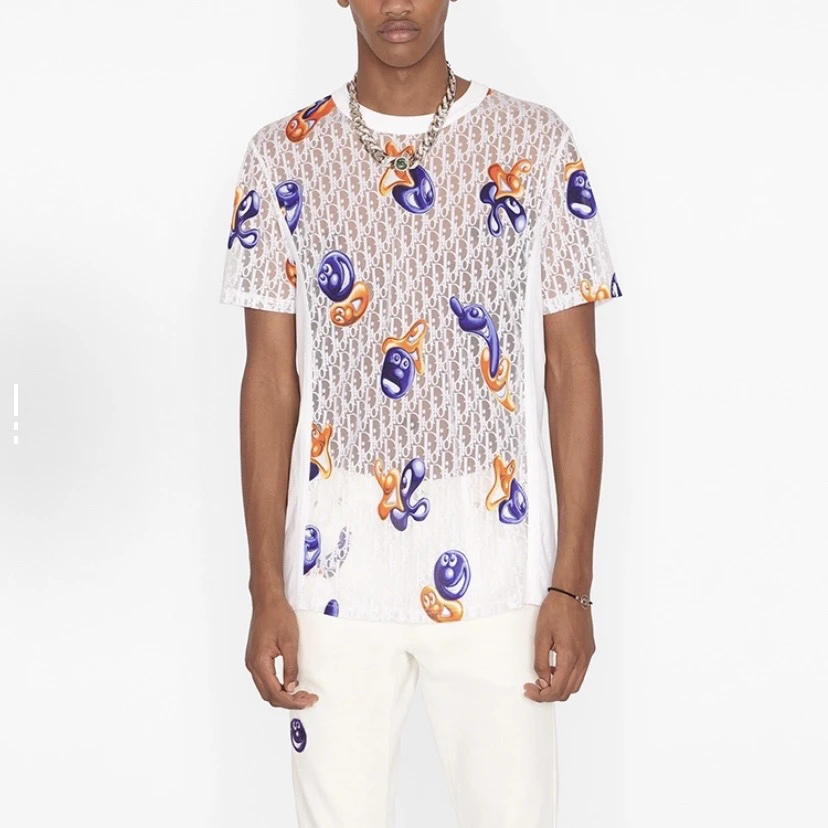 99新 DIOR/迪奥 4789/DIOR x KENNY SCHARF 白色Logo印花短袖/L
