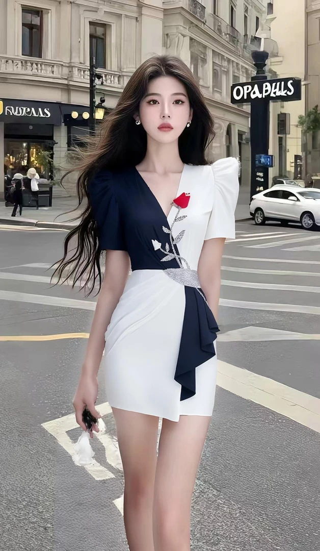 夏季新款轻奢优雅时尚拼接设计V领短袖连衣裙小众设计高级氛围感