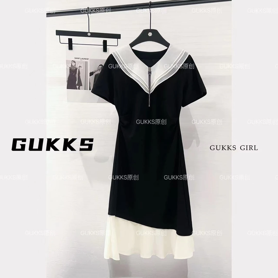 GUKKS法式设计感荷叶领拉链拼接高级感显瘦气质连衣裙GK231