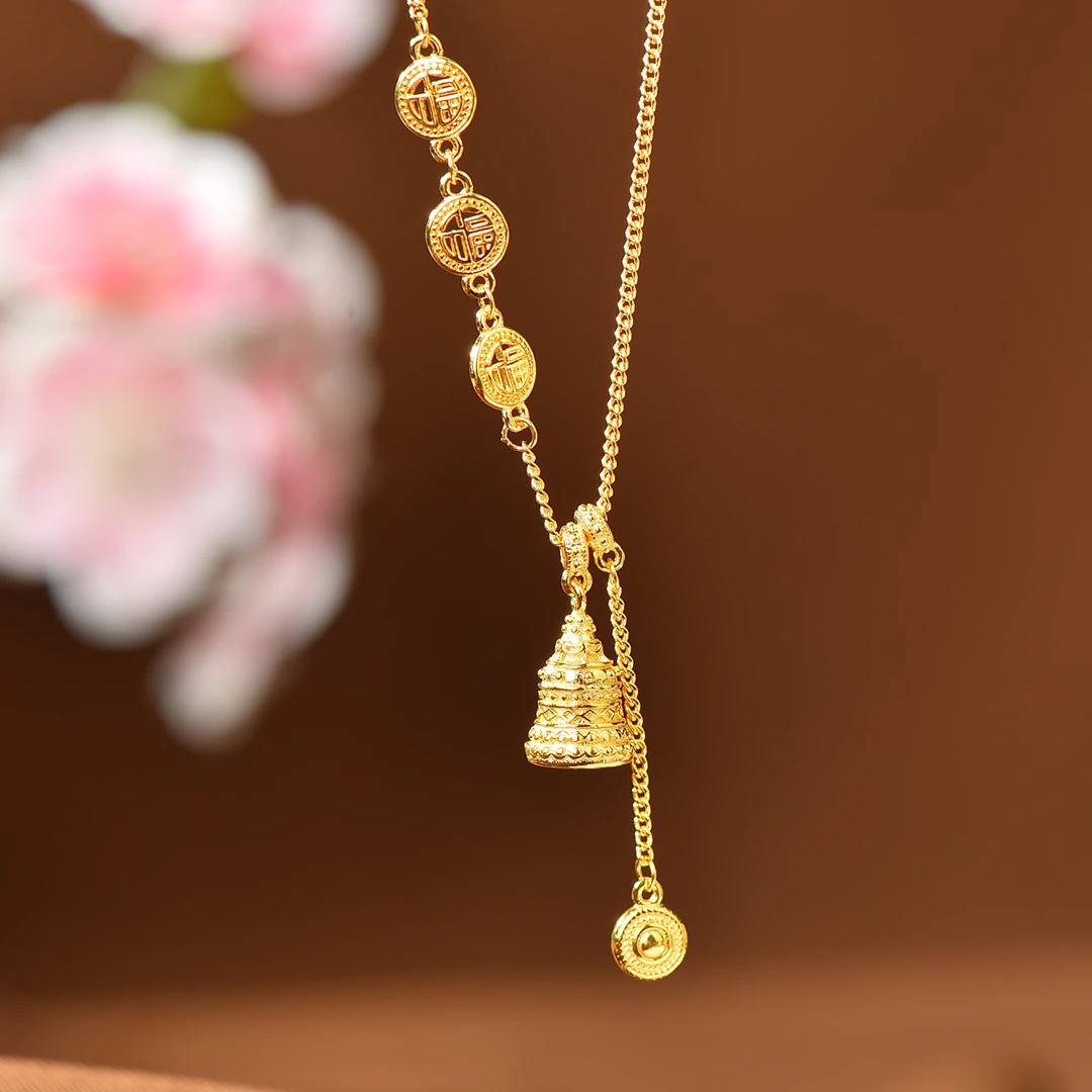 坠链均足银 【淞湃】足银套链 金色藏式女款流苏许愿塔套链