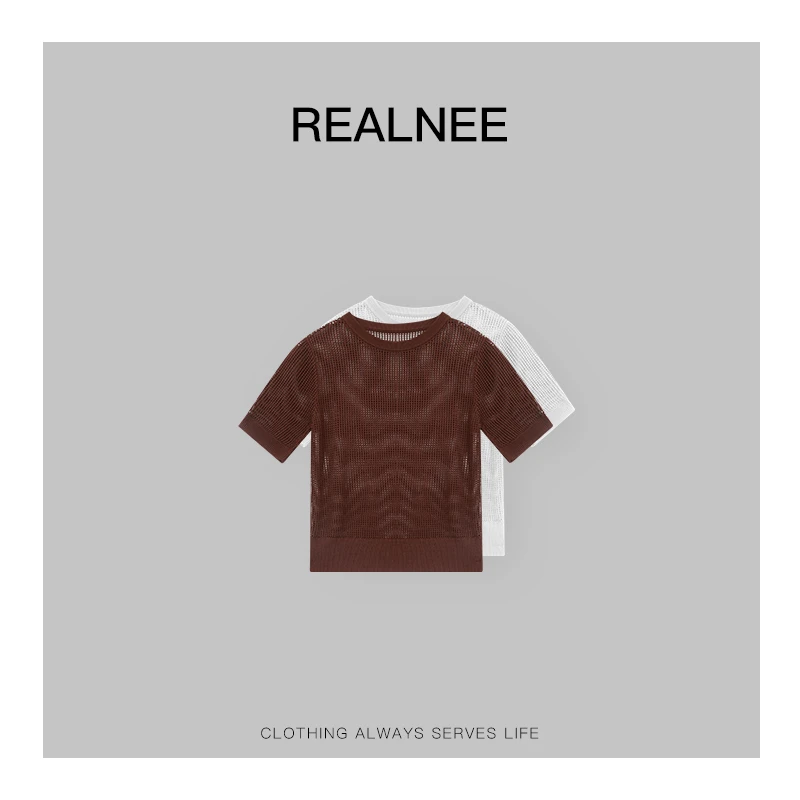 REALNEE【自由呼吸】BC极简100莱赛尔镂空针织上衣舒适主义03692