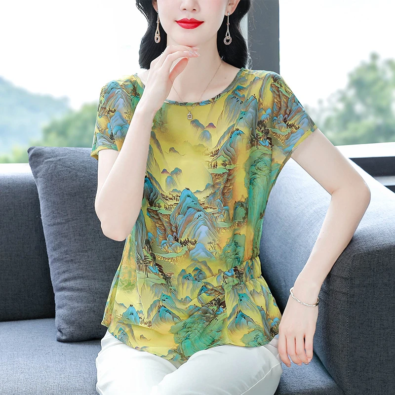 dydd3168复古水墨印花收腰短袖T恤女2025新款休闲百搭气质上衣