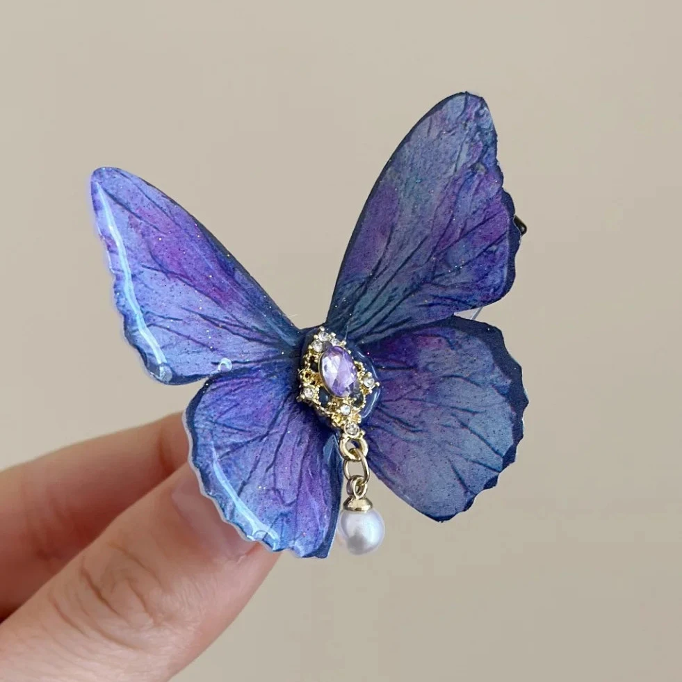 森系蝴蝶珍珠镶钻发夹小众简约侧边刘海鸭嘴夹文艺小清新气质发饰