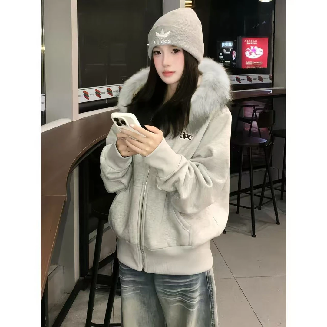韩版简约毛领蓬松连帽卫衣休闲上衣女秋冬宽松网红洋气炸街女装