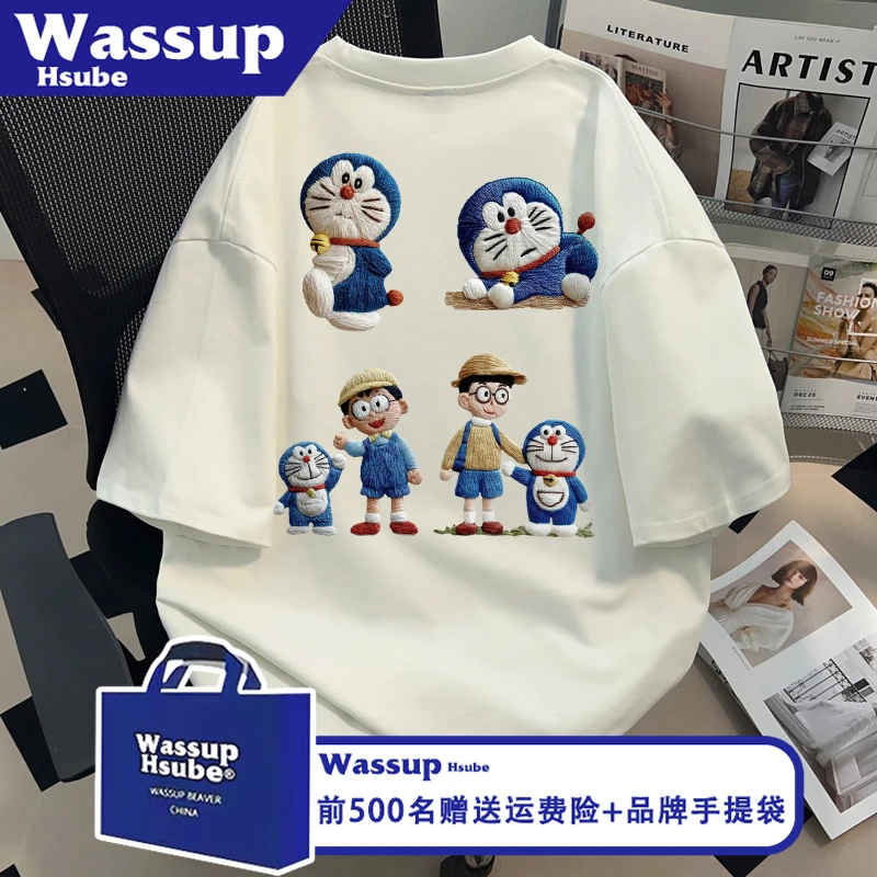 WASSUP HSUBE国潮风卡通印花半袖上衣夏ins男女T恤白色100%棉短袖