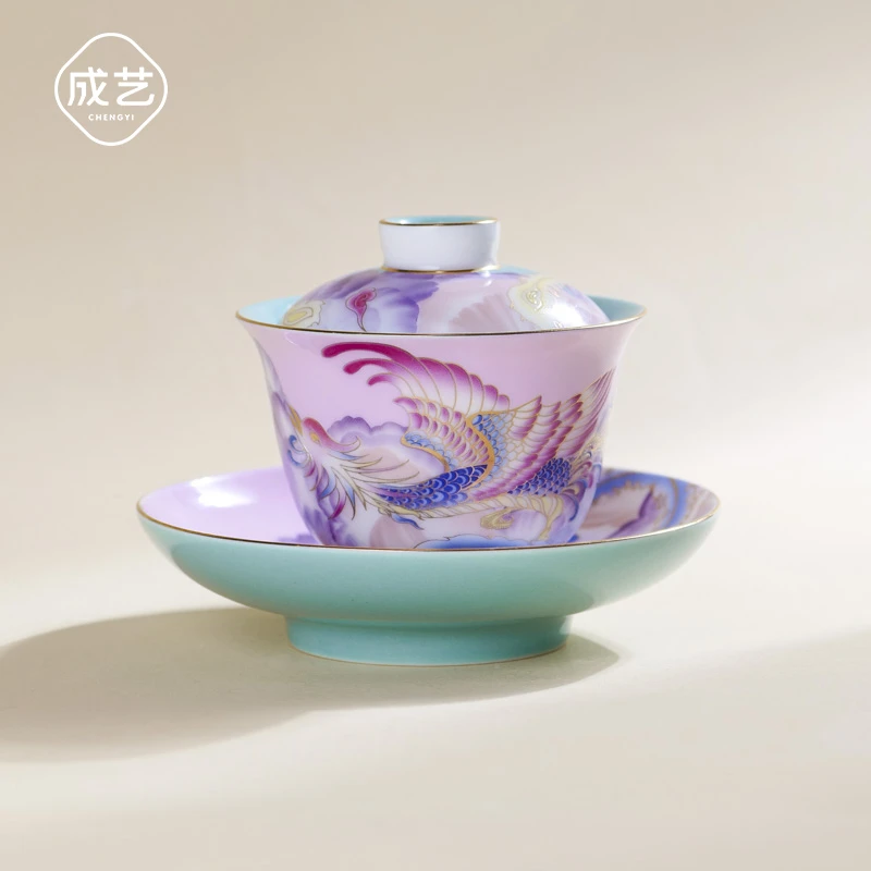 上新凤凰珐琅彩三才盖碗手工描金泡茶器具景德镇中式悬停盖碗茶具