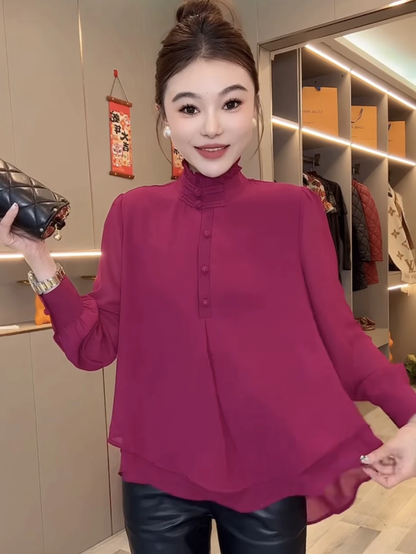 衬衫女2025年春季新款设计感时尚气质假两件衬衣欧货洋气雪纺上衣