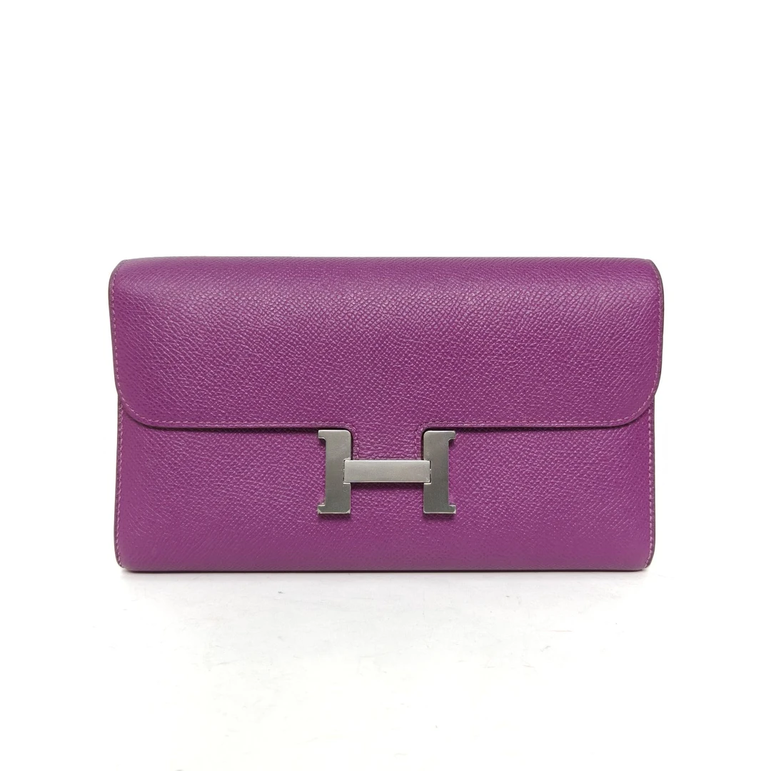 99新 Hermes/爱马仕 【黑黑】康康 长款钱包 海葵紫 T刻 银扣
