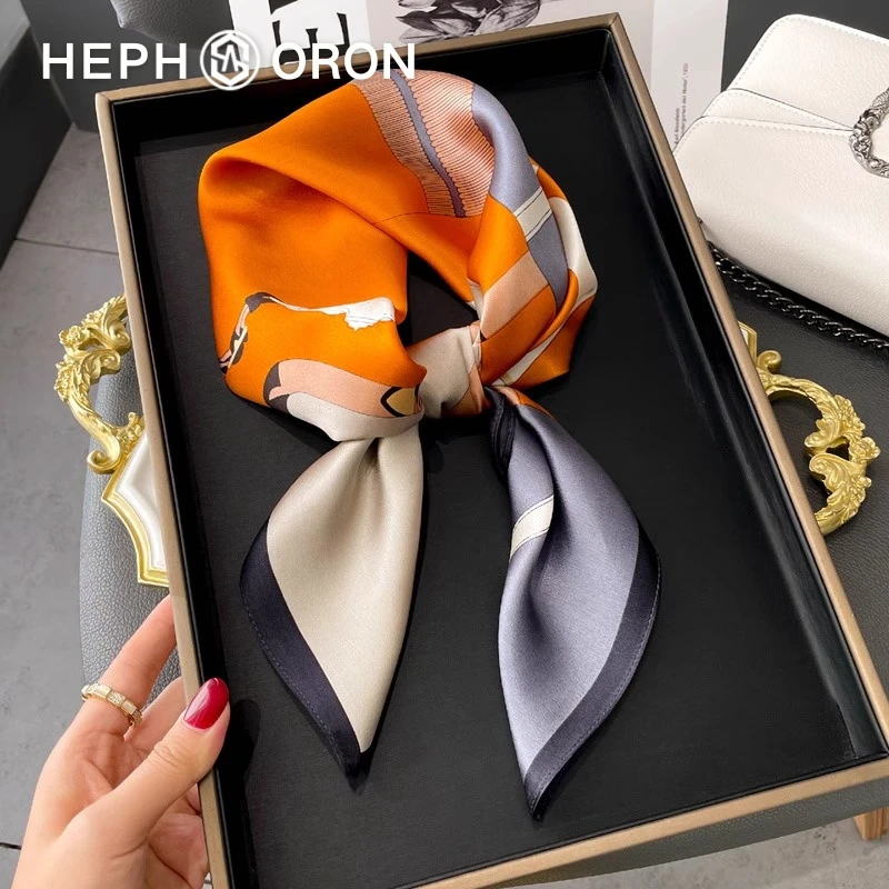 HEPHSORON真丝丝巾女款橘灰拼色领巾系脖高级感桑蚕丝丝巾礼盒装