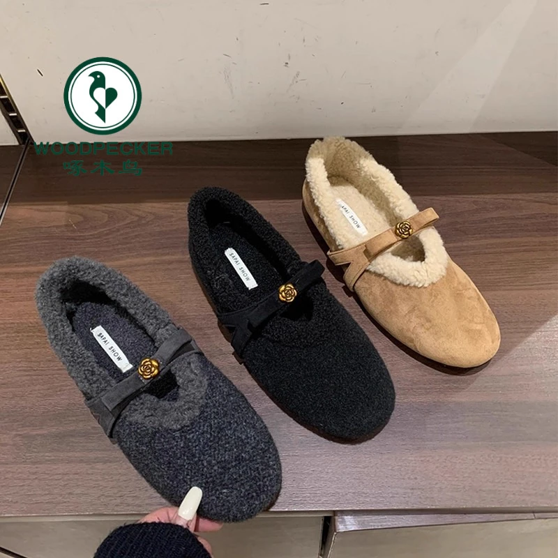 啄木鸟法式仙女加绒毛毛勃肯鞋2025秋冬平底软底玛丽珍鞋保暖棉鞋
