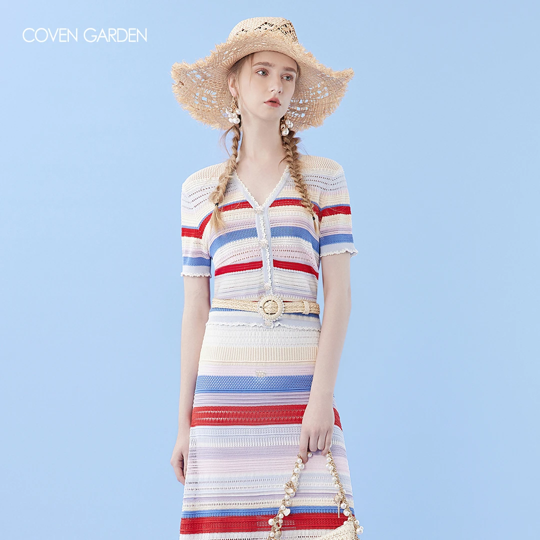 哥文花园彩虹条纹短袖针织衫CSA2031440