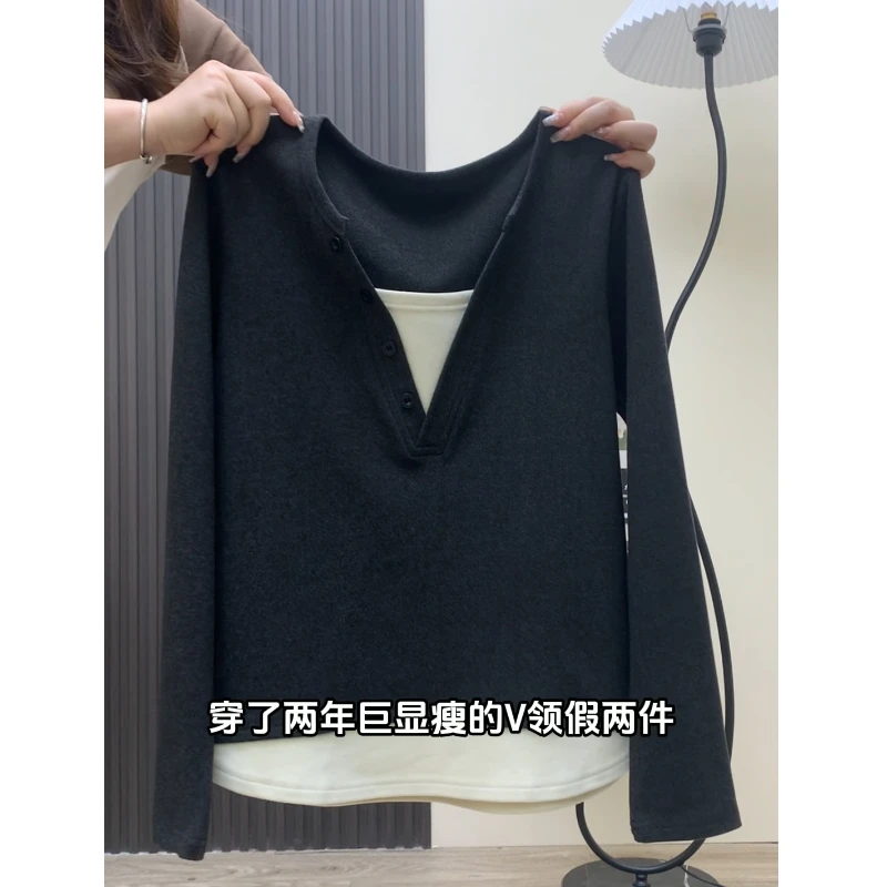 大码200斤撞色假两件长袖t恤女春季新款设计感小众上衣服显瘦时尚