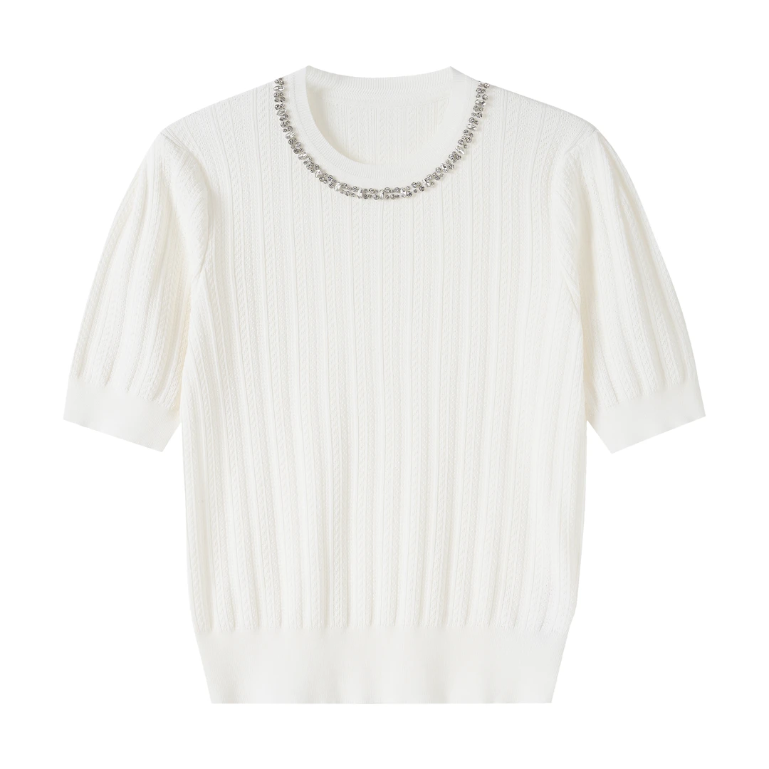 短袖女包袖常规春夏秋薄款毛针织衫宽松高腰气质休闲白色上衣