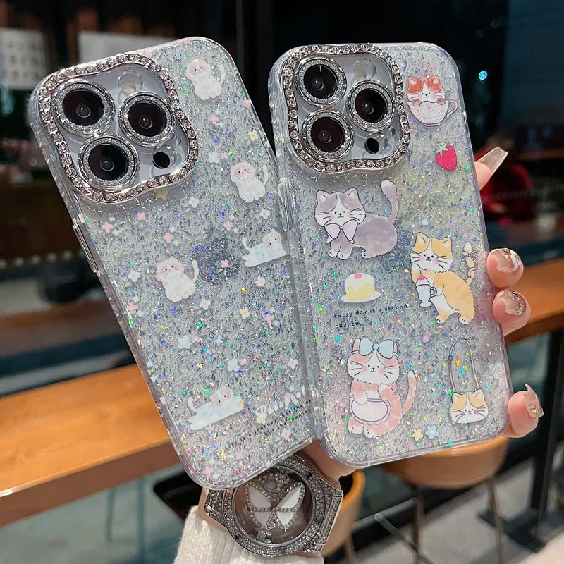 适用苹果系列iPhone16新款手机壳可爱碎花闪粉猫咪扭边钻框闪钻