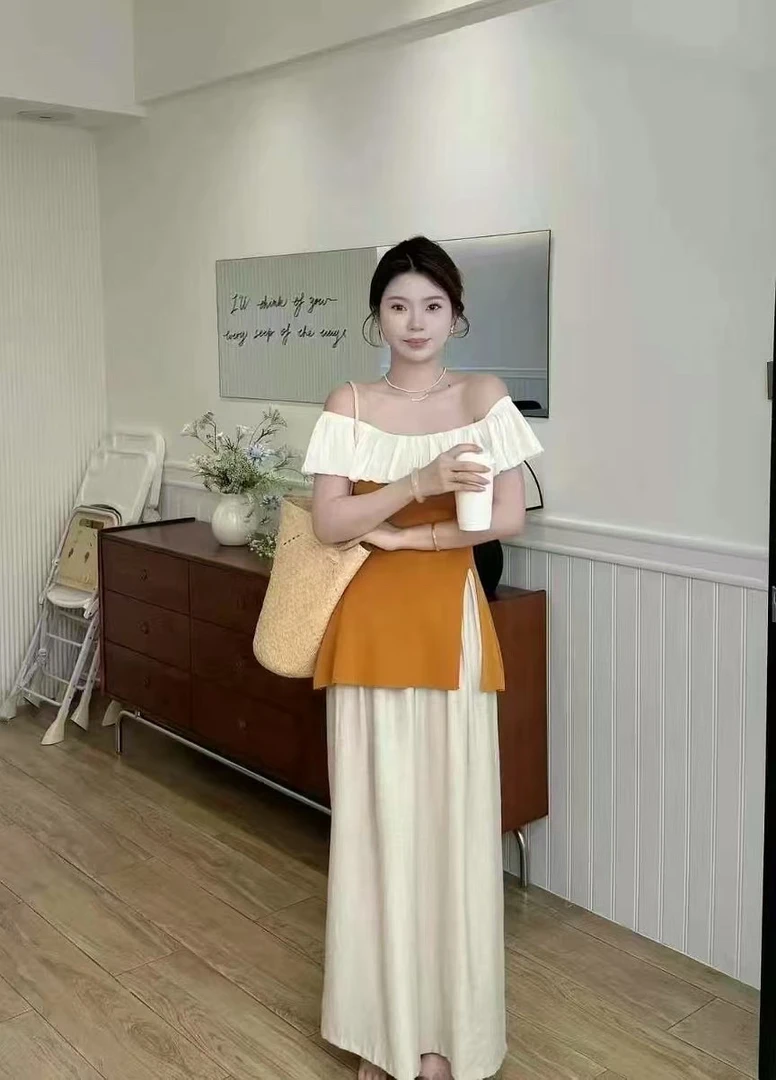 法式一字肩荷叶边撞色拼接开叉修身显瘦气质小众上衣半身裙套装