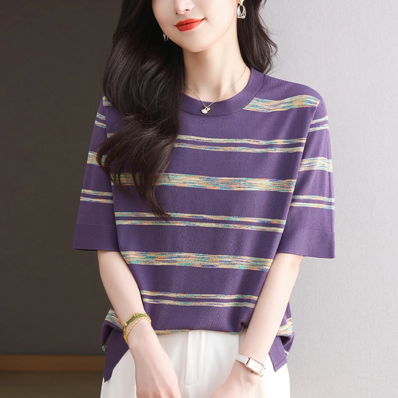 夏装大码条纹针织衫女士宽松遮肚子显瘦上衣百搭薄款冰丝短袖T恤