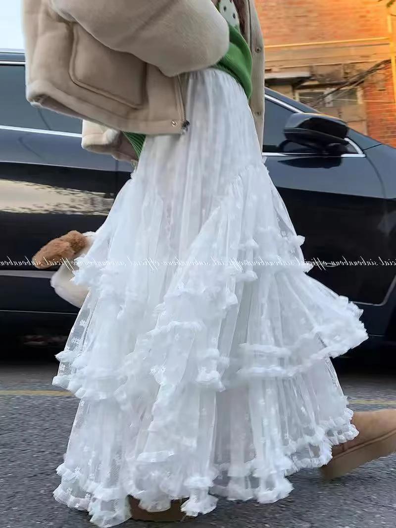 花边拼接不规则网纱蓬蓬裙白色蕾丝蛋糕裙长裙半身裙