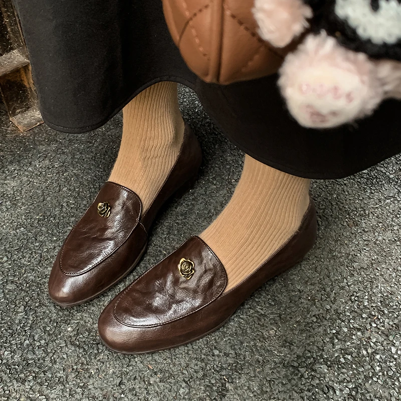 34-40码|3cm粗跟|黑/棕|陈摸鱼圆头复古超软通勤山茶花乐福鞋单鞋