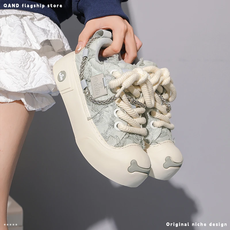 奇安达灰色帆布鞋女2025新款厚底增高开口笑大头板鞋原创休闲鞋