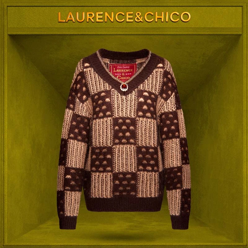 LAURENCE & CHICO钻饰棋盘格V领针织毛衣，棕色D2AQ20116100