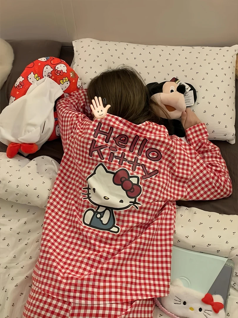 甜美少女格纹凯蒂猫睡衣女春秋新款2025年格子长袖开衫家居服套装