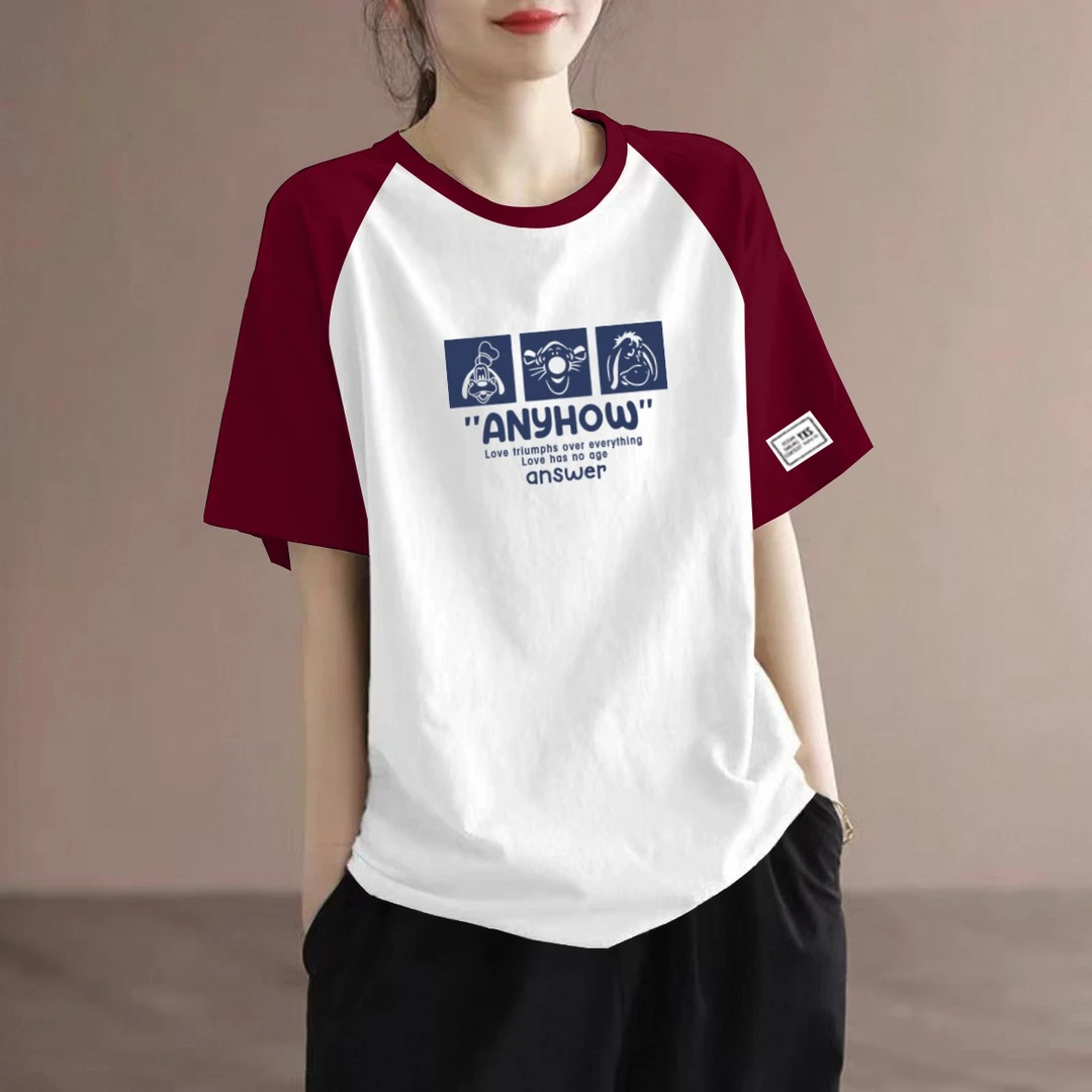 纯棉短袖t恤女士宽松显瘦夏季新款拼接撞色上衣休闲大码胖mm体恤