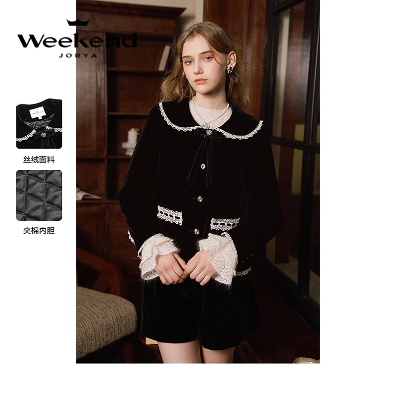 卓雅周末冬新款翻领花边正肩丝绒短外套Q260123A