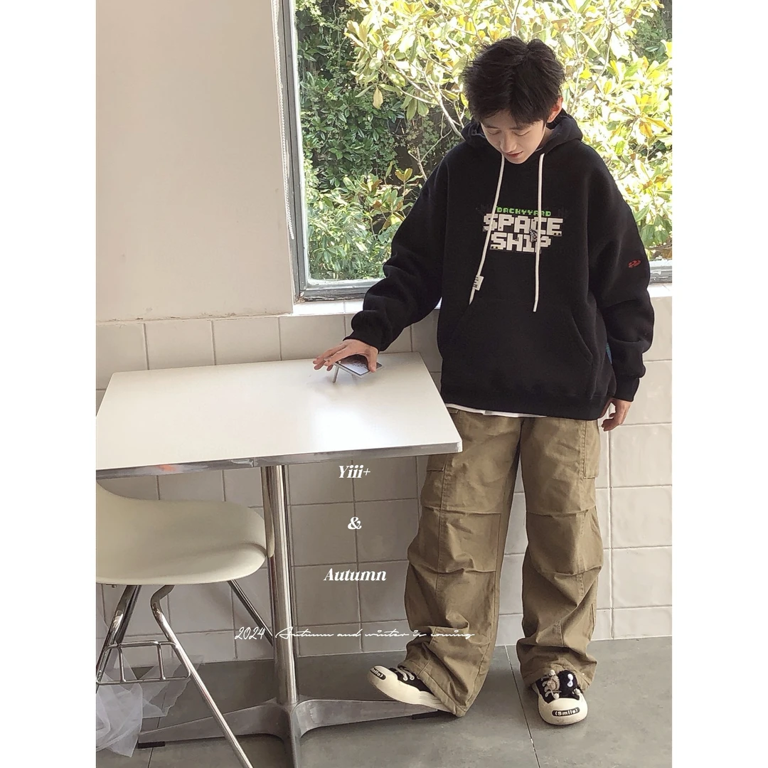 YJ403100新款儿童加绒黑色连帽卫衣