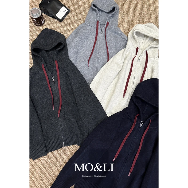 【YUYU】秋季百搭通勤显瘦连帽双拉链针织