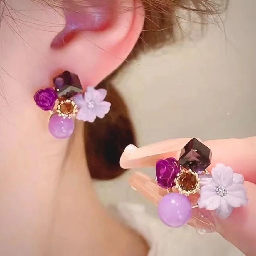 铜合金耳饰 耳环紫锦百搭法式复古韩版时尚手工高级感耳钉8880