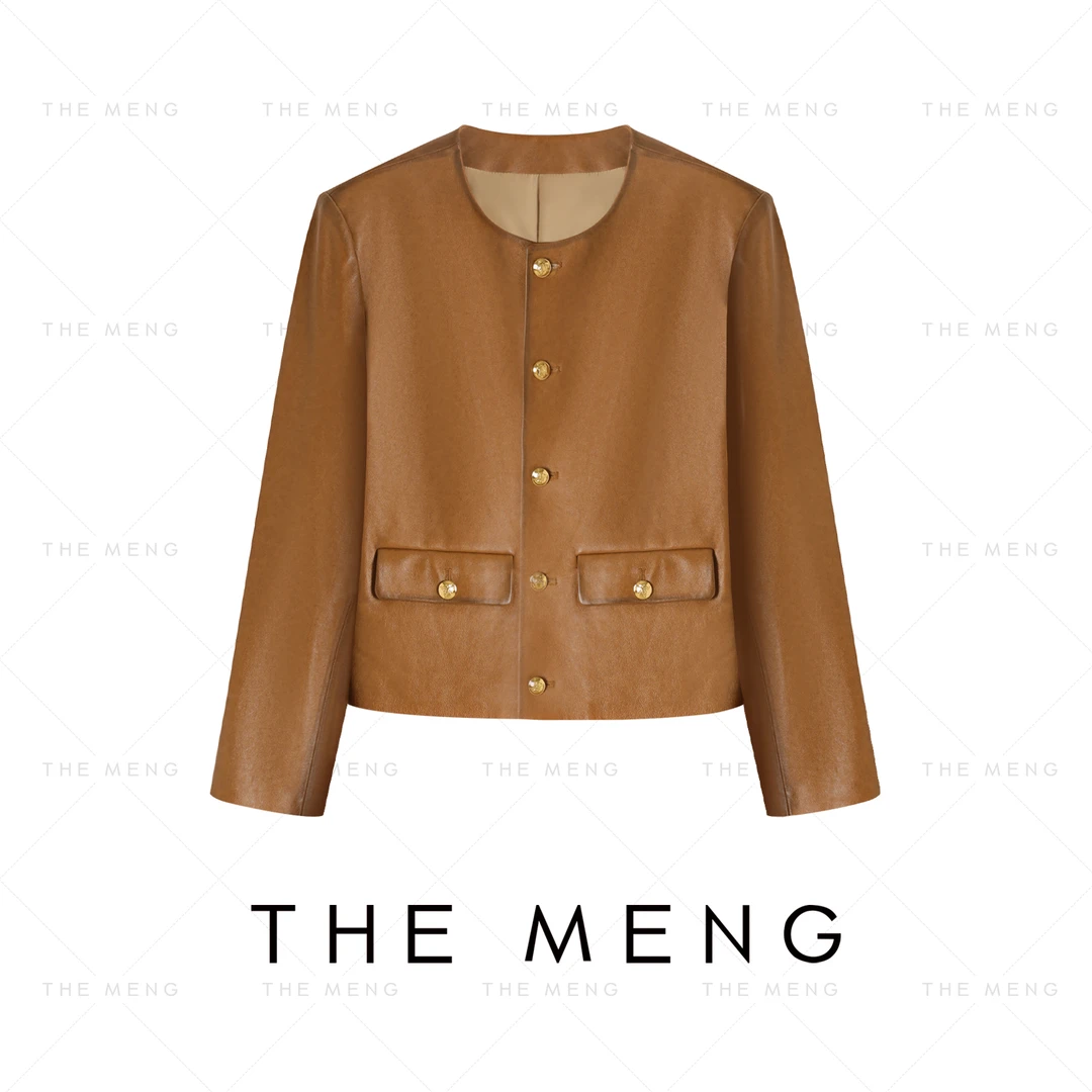 梨子【独爱】一整张的小羊休闲圆领短款皮衣外套#WL5265