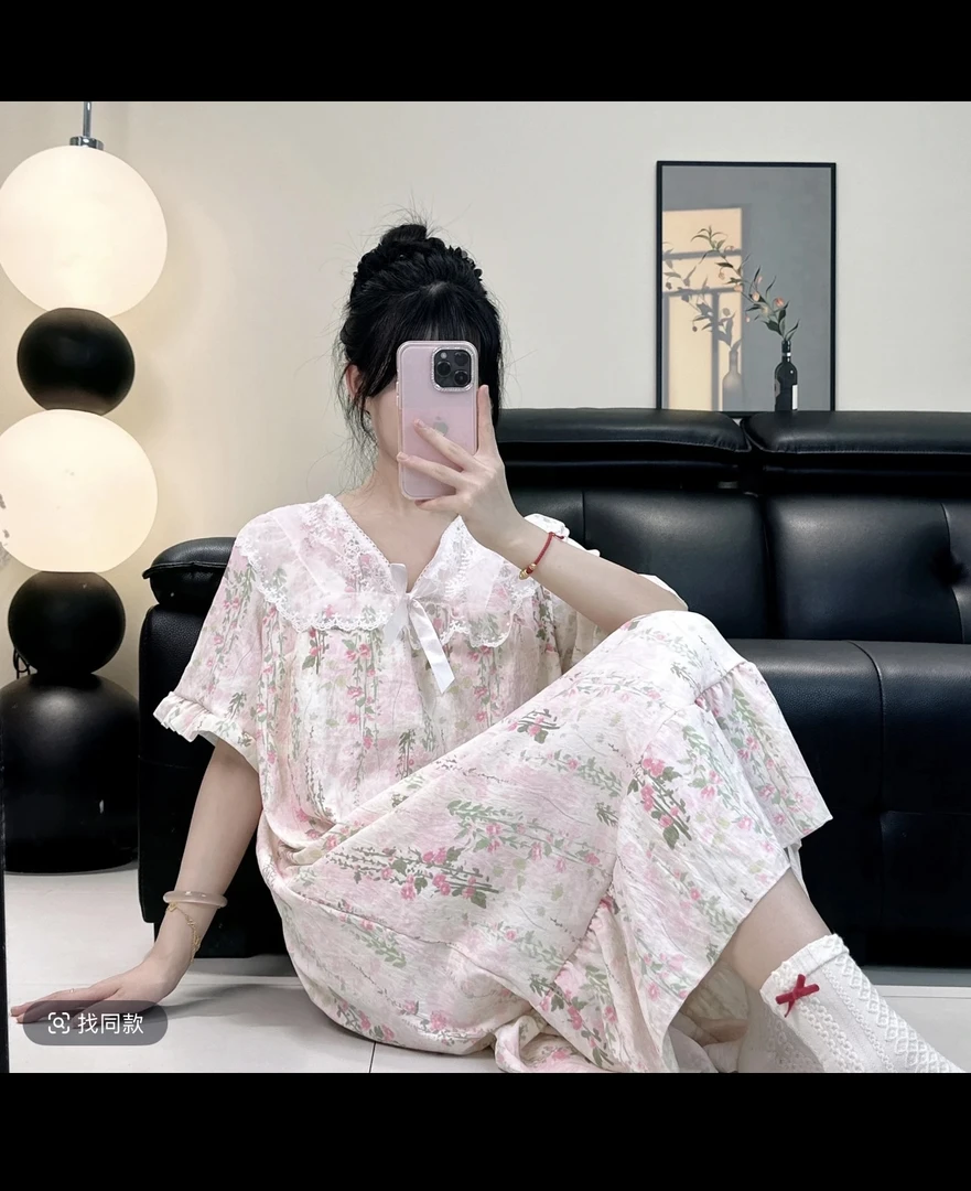 睡裙2025新款睡衣女云朵棉夏季宽松家居服大码连衣裙套装胸垫款