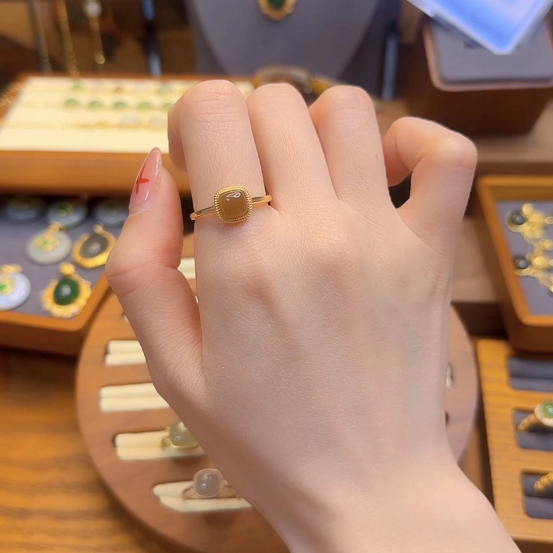 和田玉戒指银S925镀金镶嵌