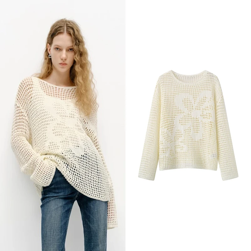容诺【MO订单】针织衫2025春新品法式钩花棉纱镂空宽松白色落K5405