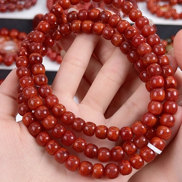 缘***分南红玛瑙未镶嵌瓦西牛血红火焰8mm老型多圈