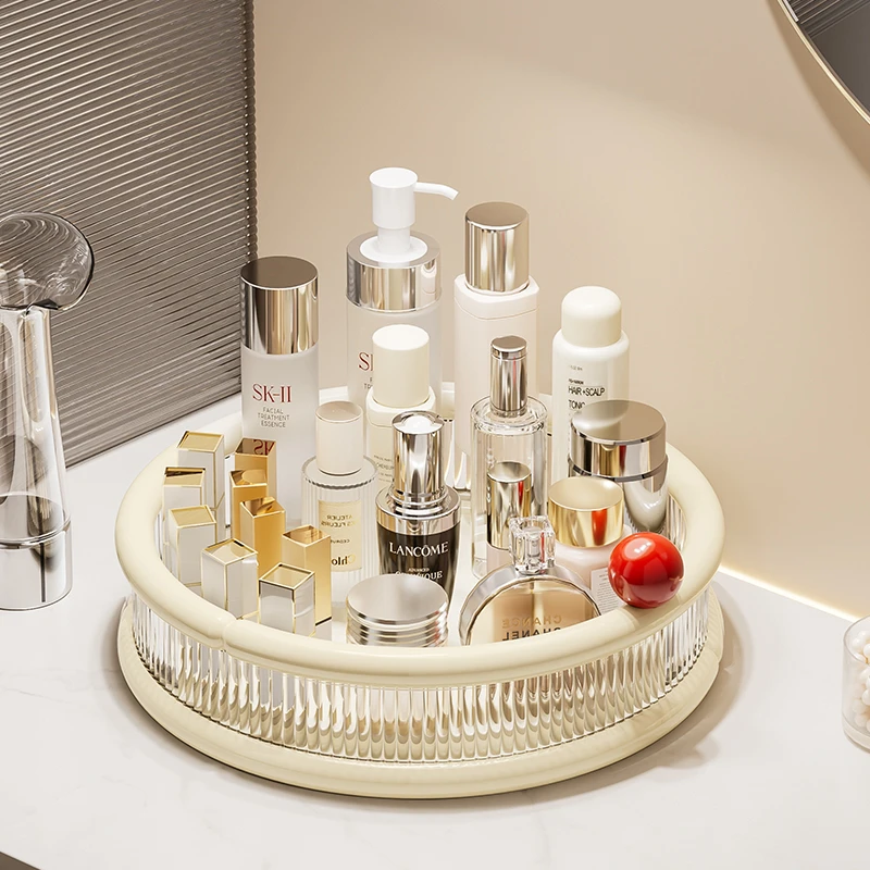 创意旋转化妆品收纳盒奶油风桌面护肤品托盘梳妆台香水口红置物架