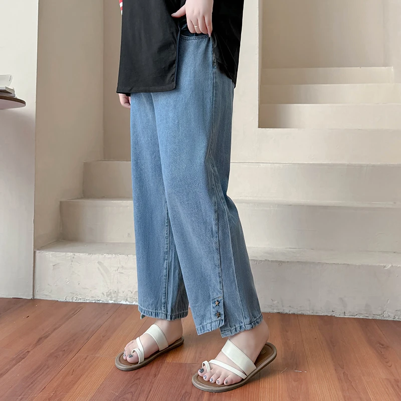 DX7311大码女装【显瘦大长腿】三种裤长复古高腰设计开叉九分牛仔裤