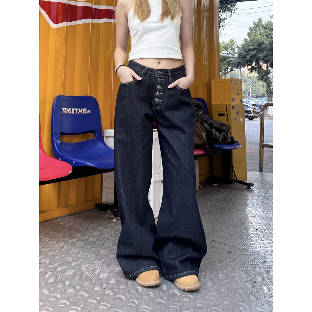 XFX 美式复古宽松直筒加绒丹宁牛仔裤女街头休闲阔腿保暖排扣长裤