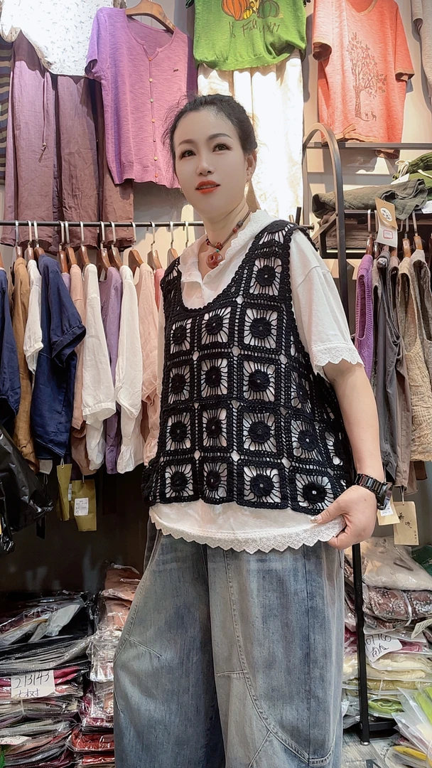 夏季女士大码短款百搭宽松镂空无袖吊带外搭上衣
