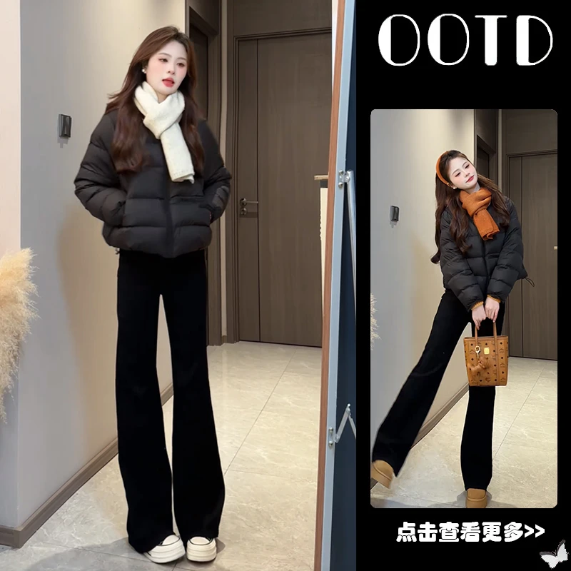 超火秋季穿搭一整套女2025新款黑色面包棉服针织衫休闲裤三件套