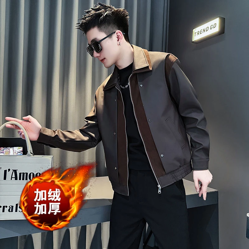 痞帅男装拼接加绒皮衣外套男款秋冬季爆款2025新款皮夹克休闲上衣