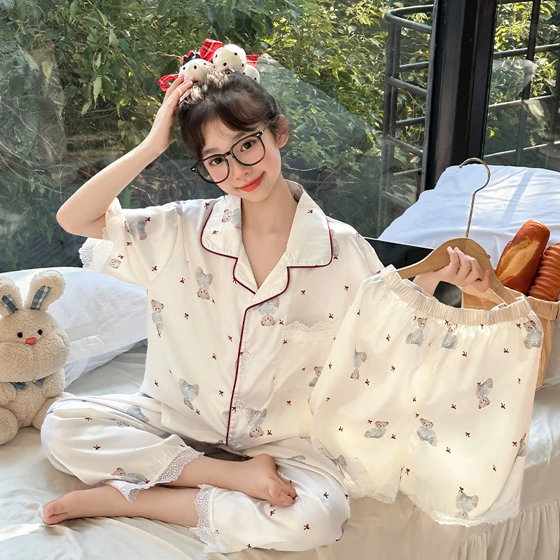 夏季儿童可爱小熊云朵棉睡衣三件套女大童蕾丝花边短袖家居服套装