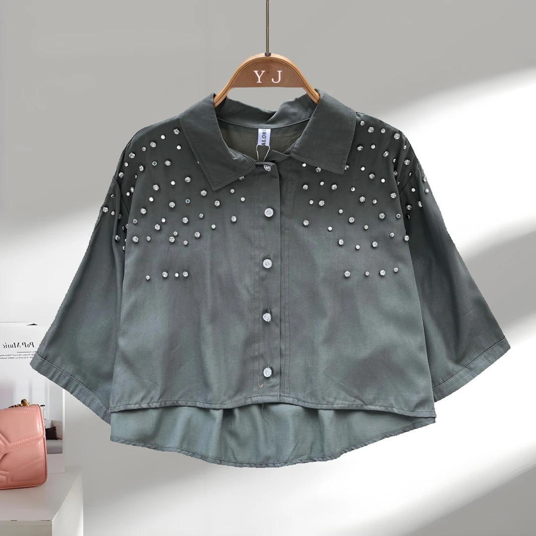 法式时尚洋气精致Polo领衬衫女夏季重工镶钻设计名媛宽松罩衫上衣