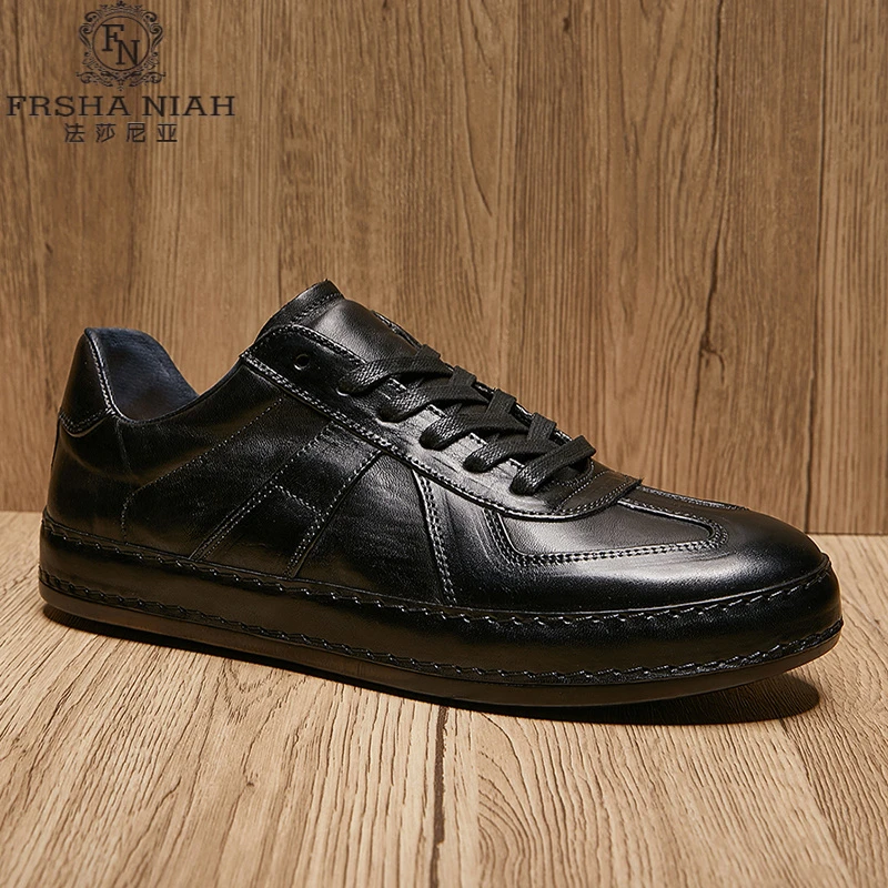 法莎尼亚秋季新款男士黑色复古休闲男鞋秋季男士皮面低帮板鞋