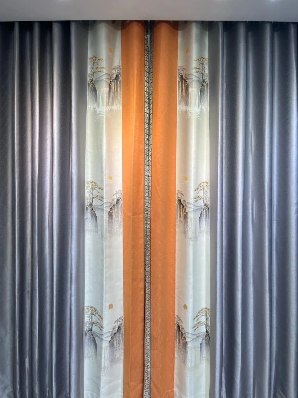 2024年冬款新品《旭日东升》(灰)新中式迎客松遮光隔热防晒成品窗帘